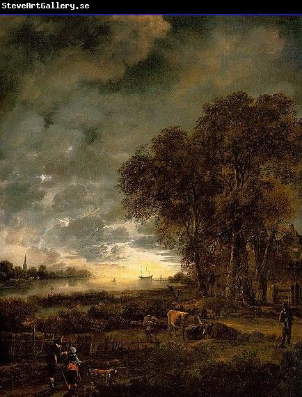 Aert van der Neer A Landscape with a River at Evening